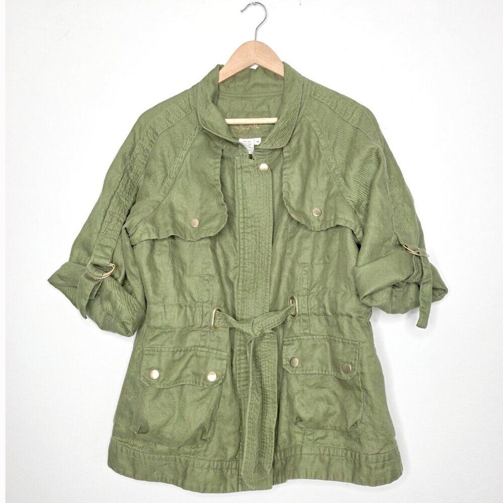 LAL Live a Little Olive Green 100% Linen Utility Jacket Belted Cargo Field XL